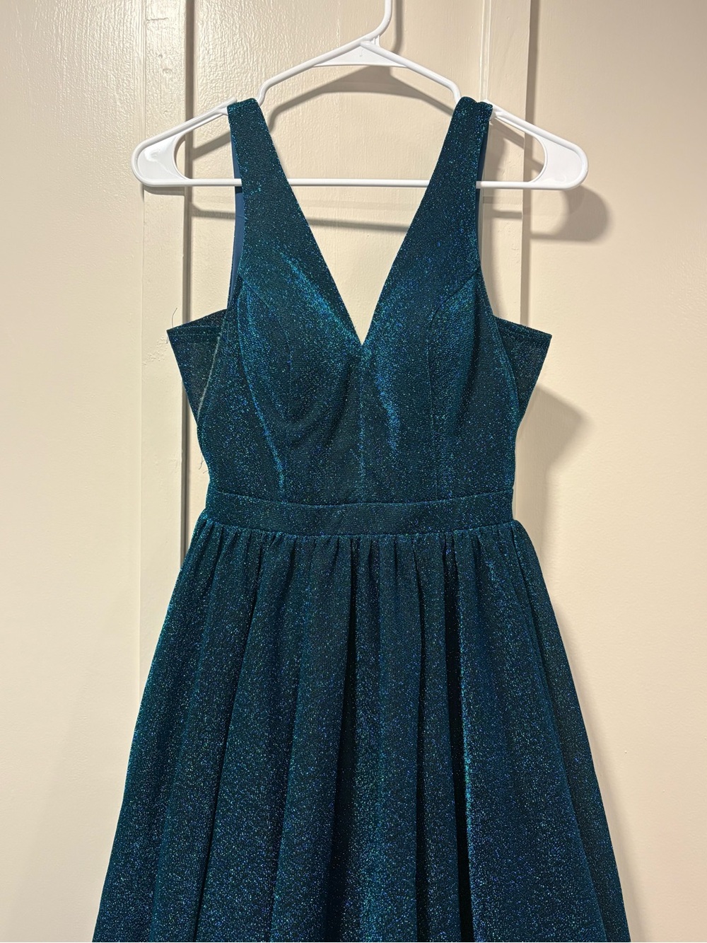 Teal Shimmering Plunge neck Formal A-like Dress